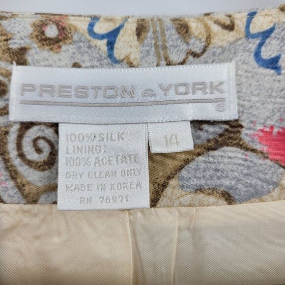 Vintage Preston & York‎ Blazer 14 Cream Blue Paisley Single Breasted Mid Thigh - Picture 3 of 10
